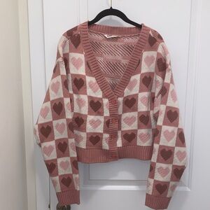 Pink and White Heart Patterned Cardigan Sweater